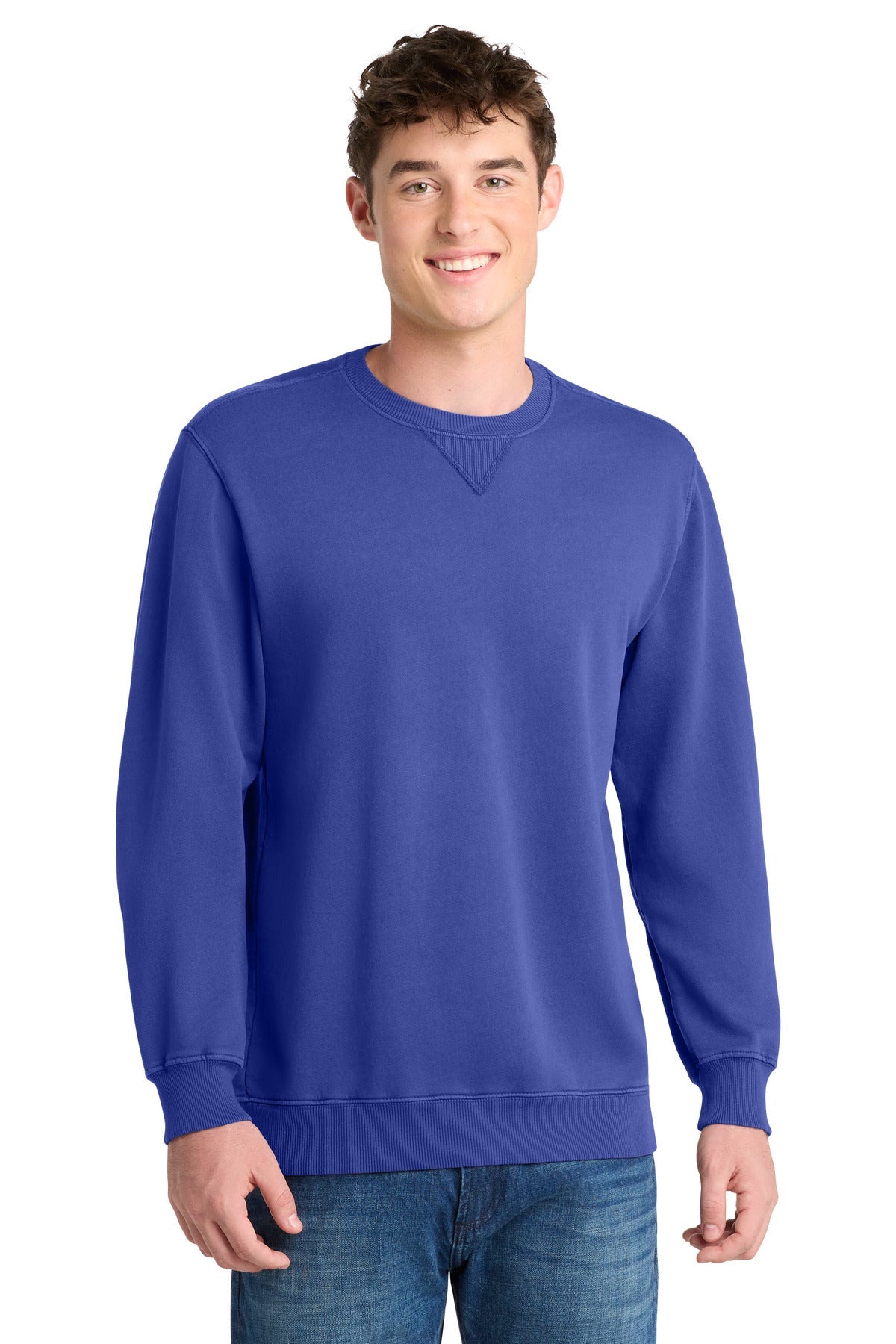 Front View of BlueIris Port & Co Beach Wash Garment-Dyed Crewneck Sweatshirt PC098