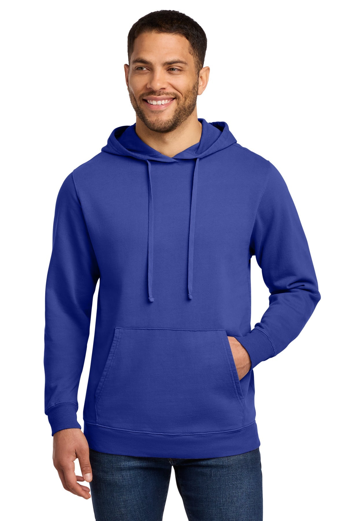 Front View of BlueIris Port & Co Beach Wash Garment-Dyed Pullover Hooded Sweatshirt. PC098H