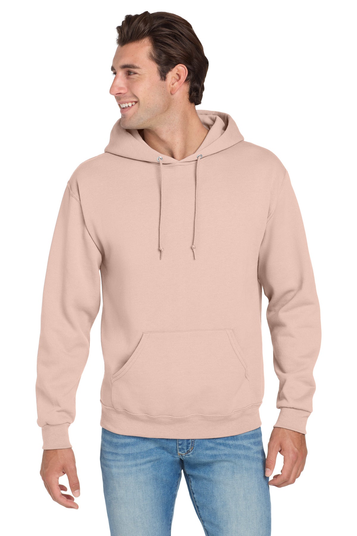 Front View of BlushPink Jerzees NuBlend Pullover Hooded Sweatshirt. 996M