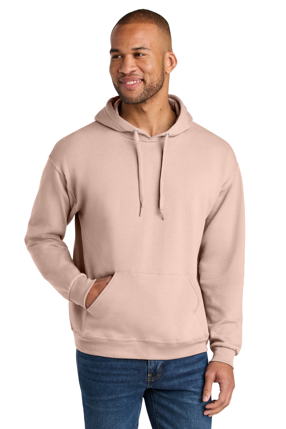 Front View of BlushPink Jerzees Ultimate Unisex CVC Ring Spun Hooded Sweatshirt IC49M