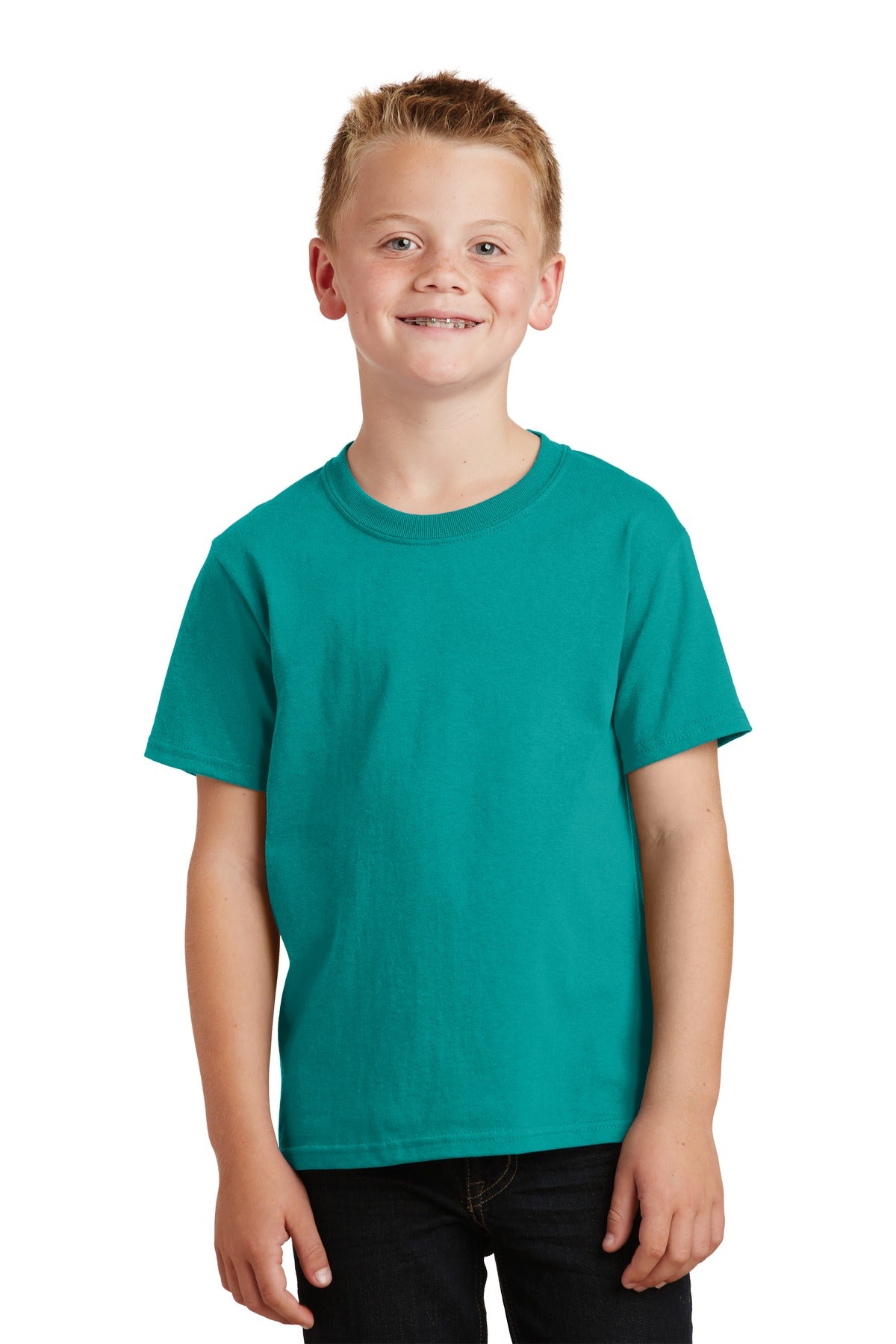 Front View of Bright Aqua Port & Co Youth Core Cotton Tee. PC54Y