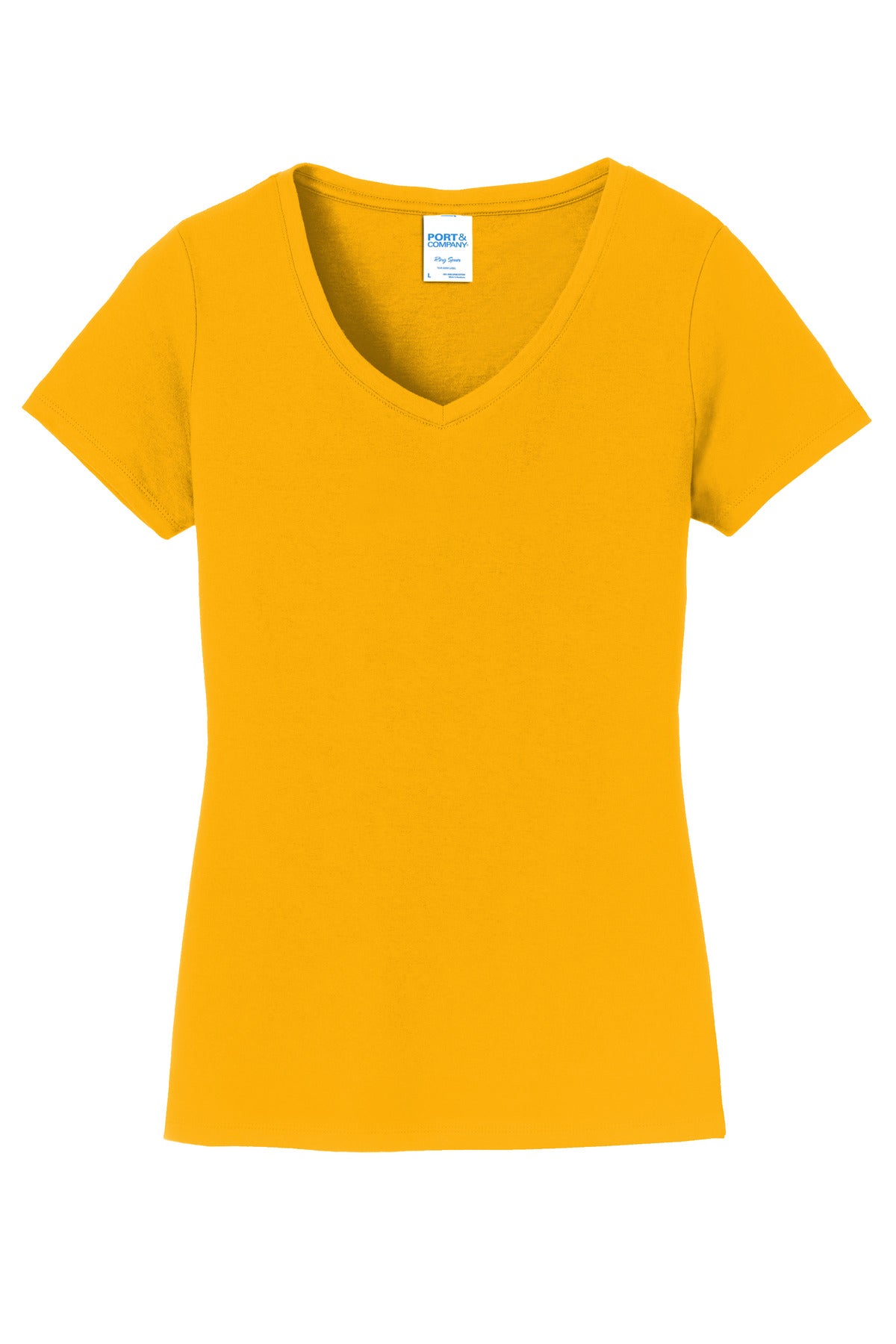 Front View of Bright Gold Port & Co Women's Fan Favorite V-Neck Tee. LPC450V