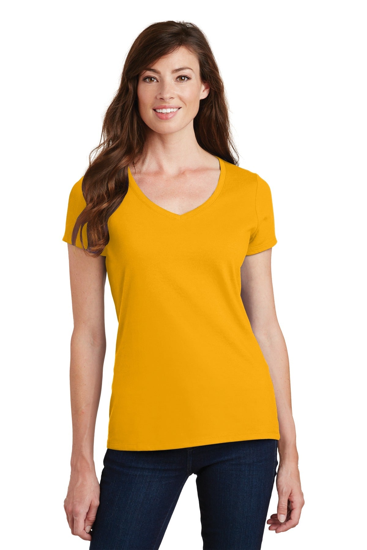 Front View of Bright Gold Port & Co Women's Fan Favorite V-Neck Tee. LPC450V