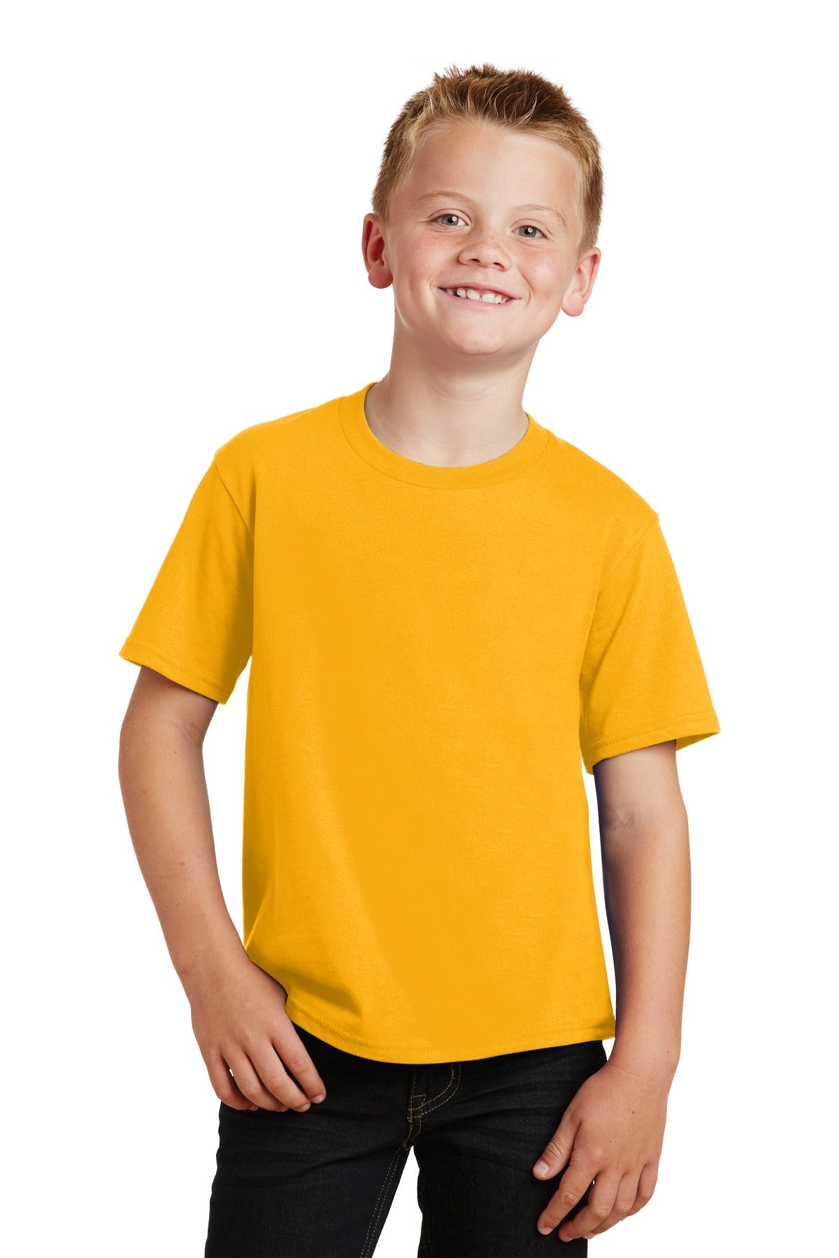 Front View of Bright Gold Port & Co Youth Fan Favorite Tee. PC450Y