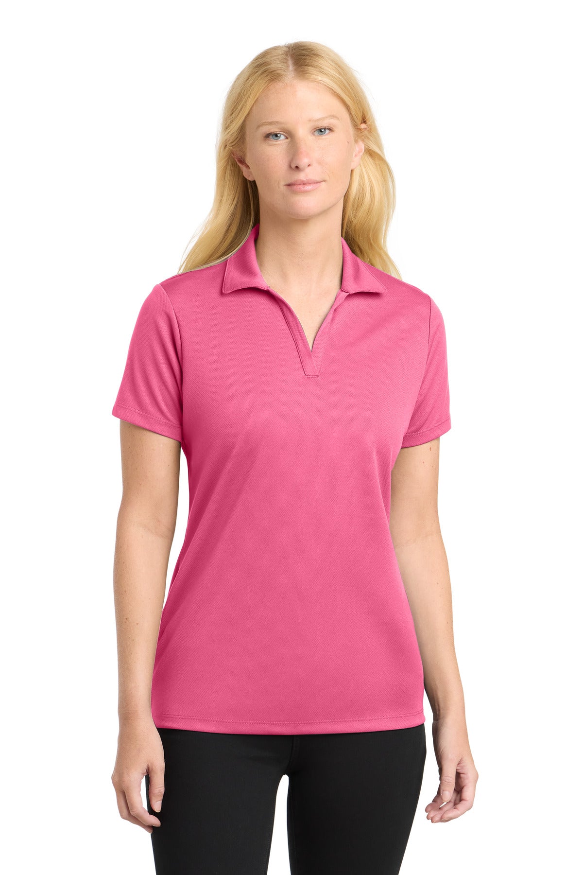 Front View of Bright Pink Sport-Tek Women's PosiCharge RacerMesh Polo. LST640