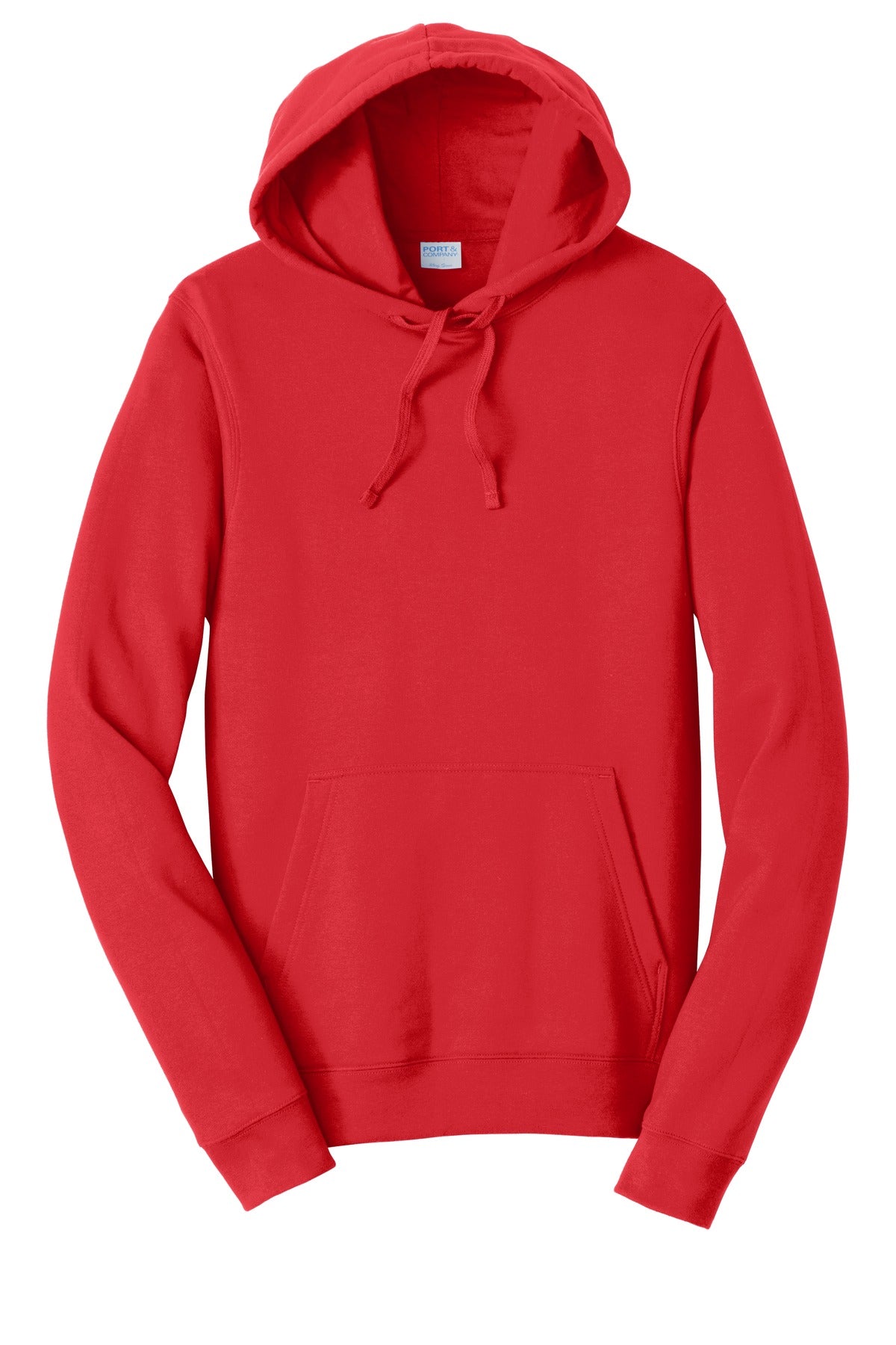 Front View of Bright Red Port & Co Fan Favorite Fleece Pullover Hooded Sweatshirt. PC850H