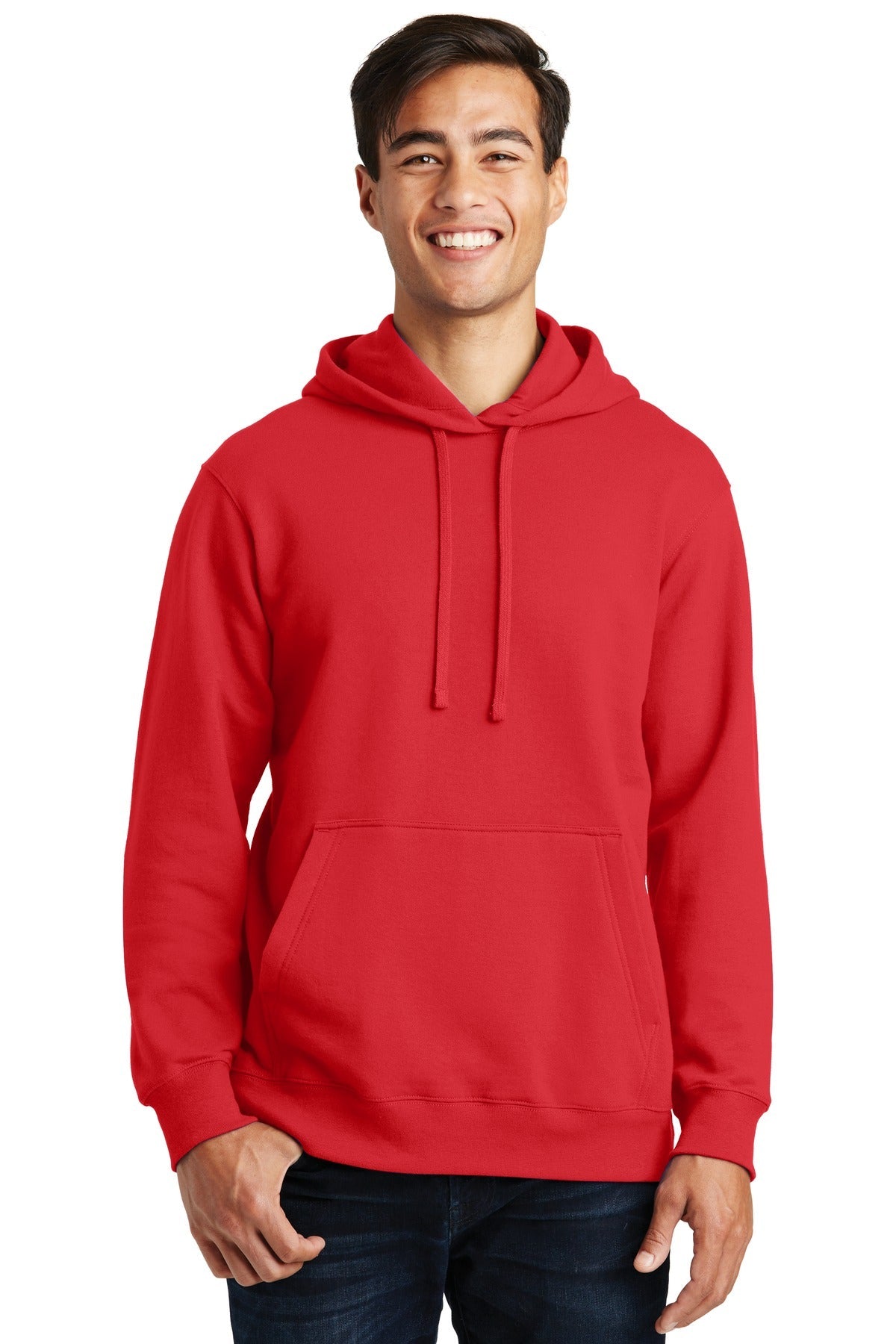 Front View of Bright Red Port & Co Fan Favorite Fleece Pullover Hooded Sweatshirt. PC850H