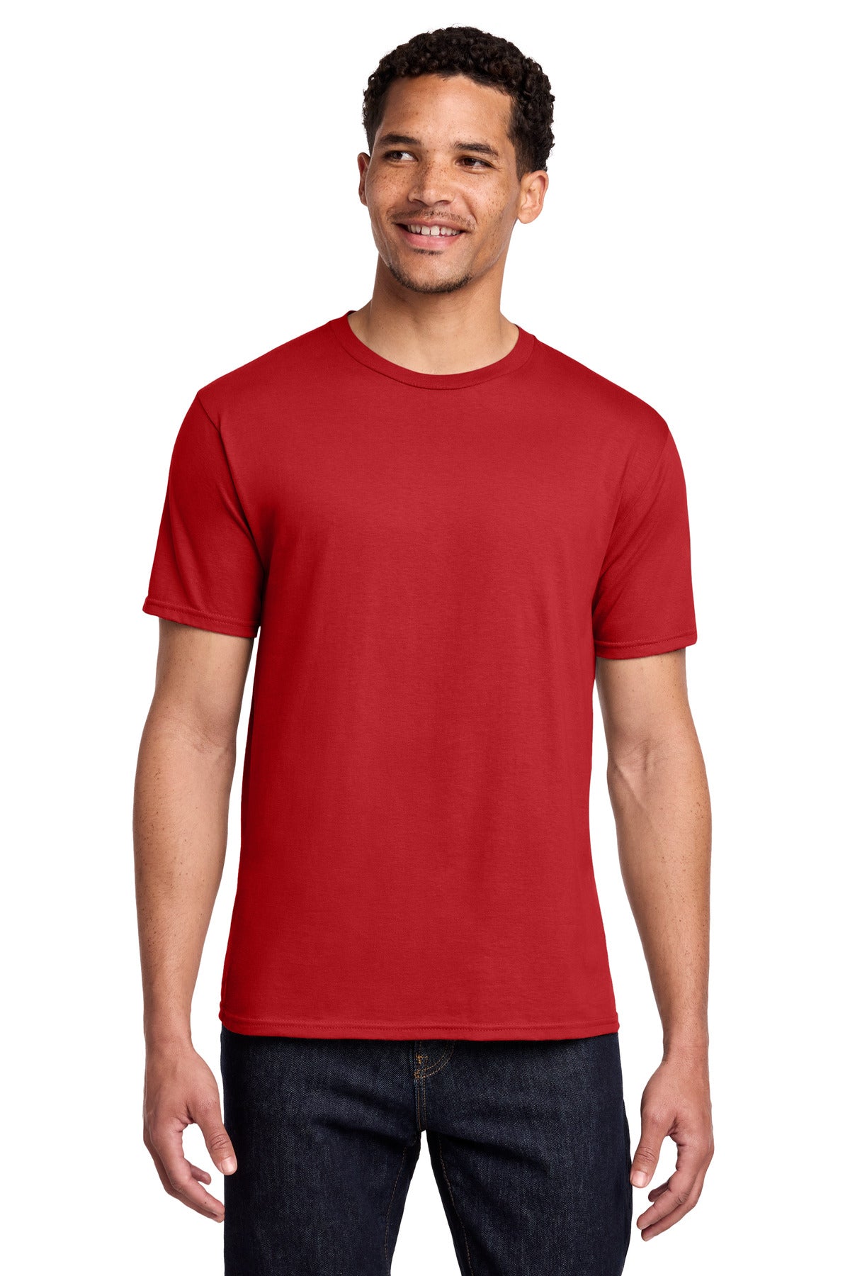 Front View of Bright Red Port & Co Fan Favorite Tee. PC450
