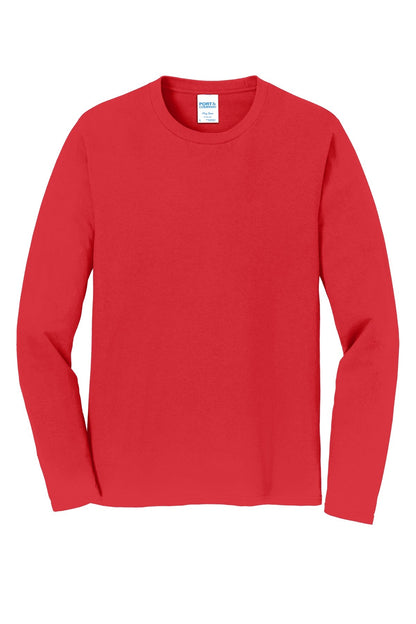 Front View of Bright Red Port & Co Long Sleeve Fan Favorite Tee. PC450LS