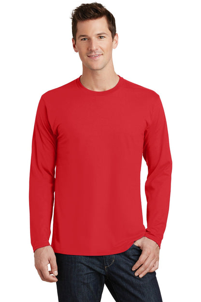 Front View of Bright Red Port & Co Long Sleeve Fan Favorite Tee. PC450LS