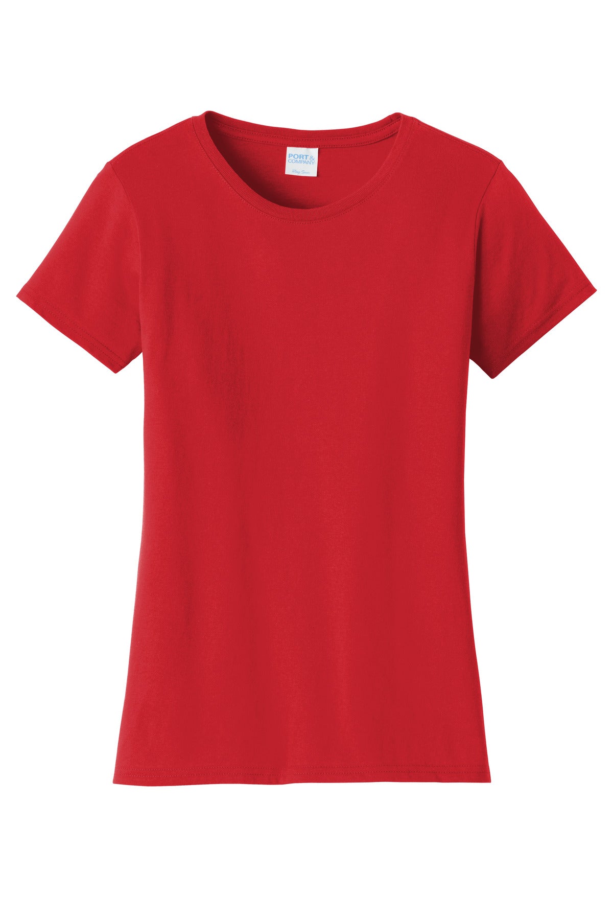 Front View of Bright Red Port & Co Women's Fan Favorite Tee. LPC450