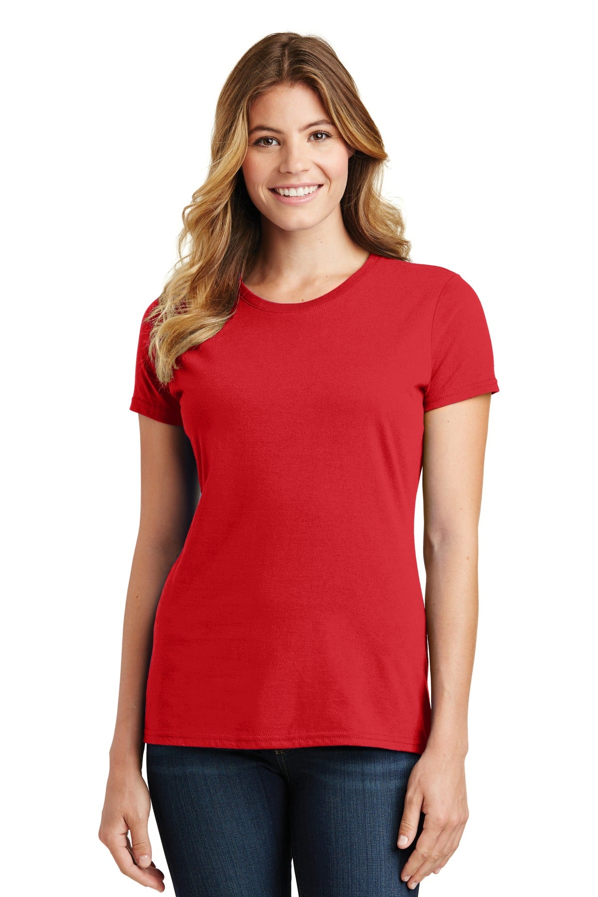 Front View of Bright Red Port & Co Women's Fan Favorite Tee. LPC450