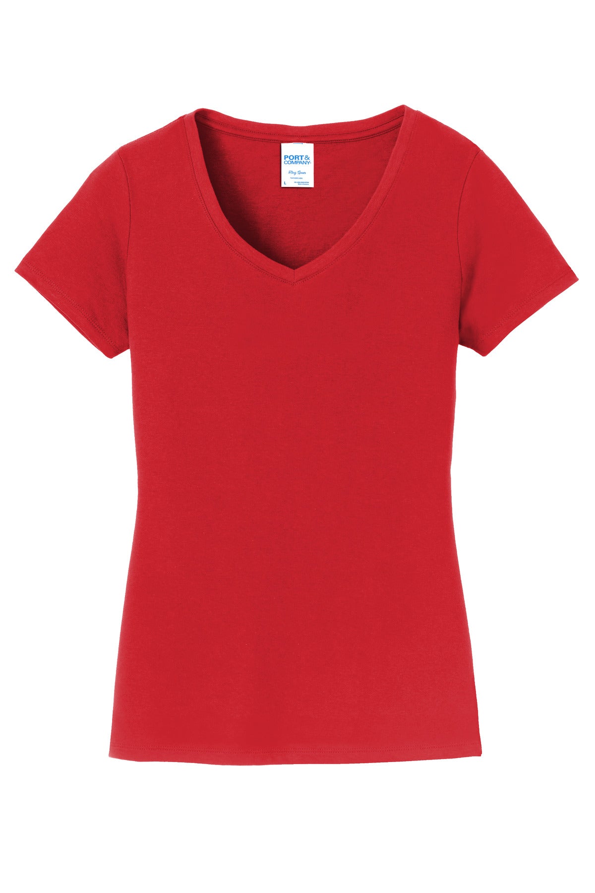 Front View of Bright Red Port & Co Women's Fan Favorite V-Neck Tee. LPC450V