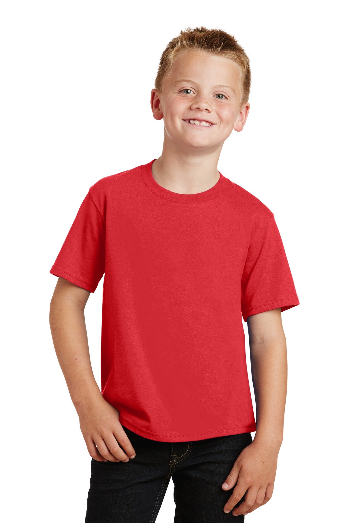 Front View of Bright Red Port & Co Youth Fan Favorite Tee. PC450Y