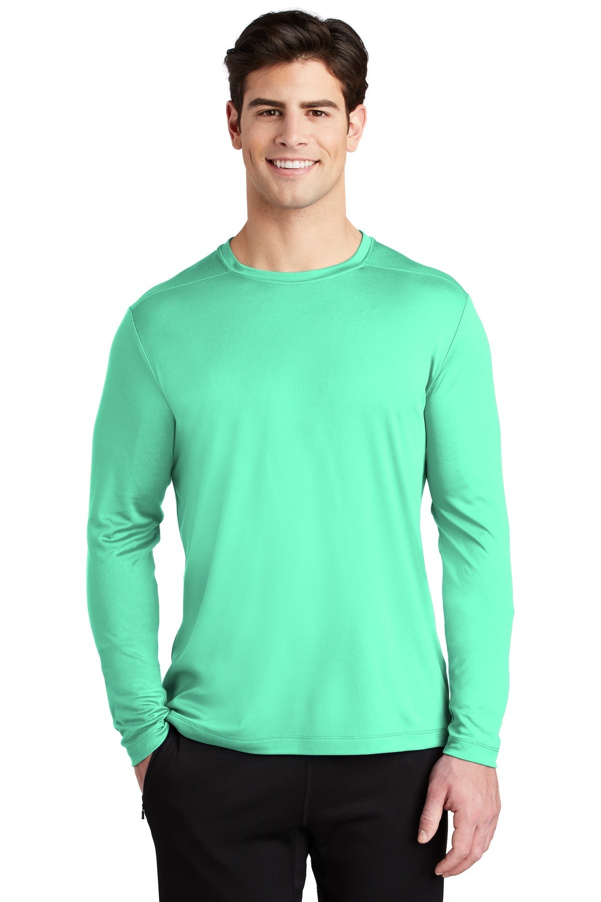 Front View of Bright Seafoam Sport-Tek Posi-UV Pro Long Sleeve Tee. ST420LS