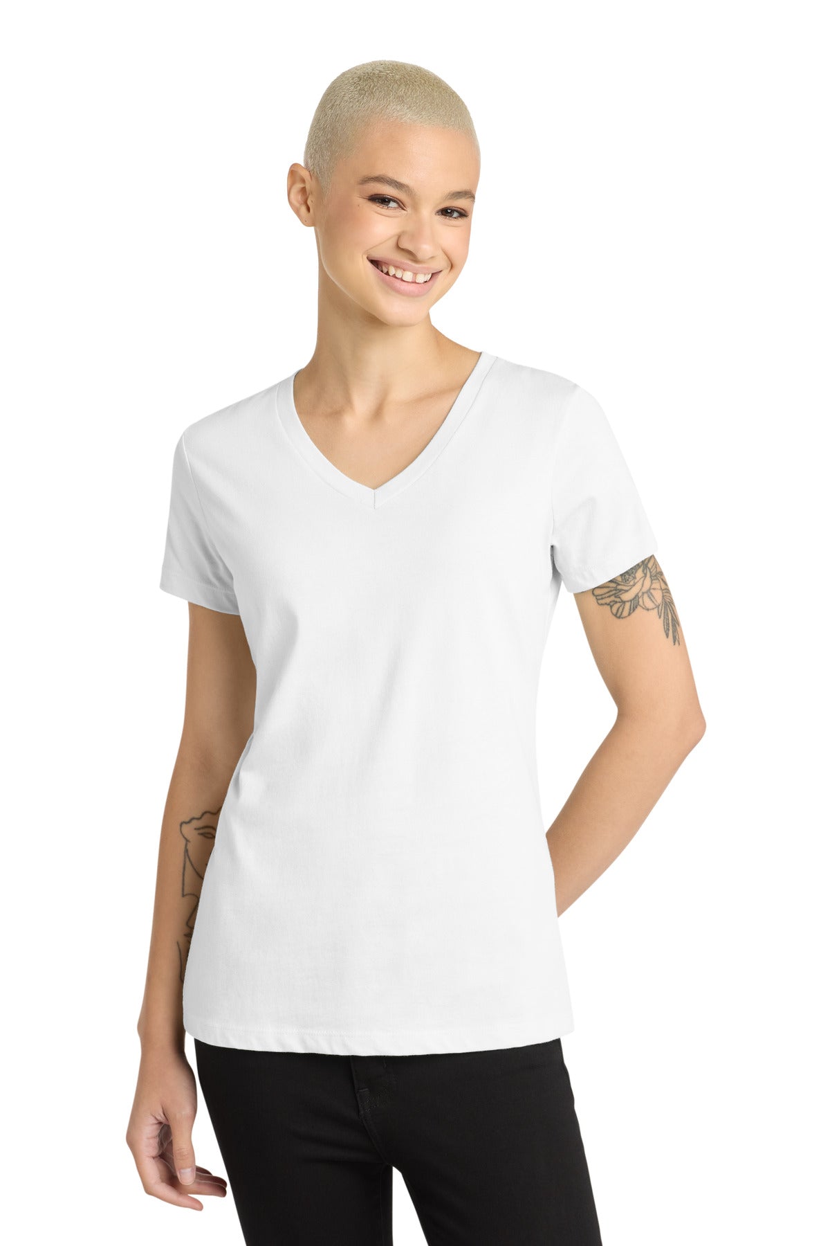 Front View of Bright White District - Women's Perfect Weight V-Neck Tee. DM1170L