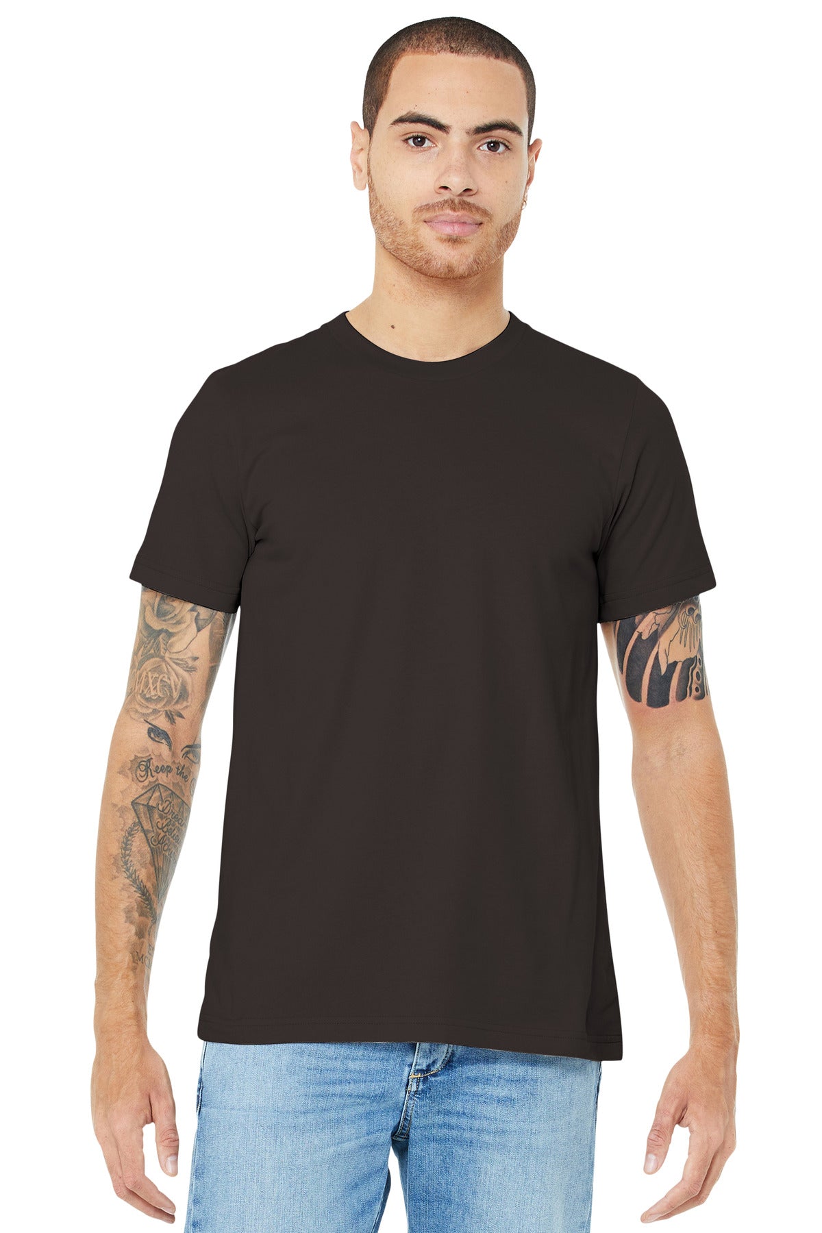 Front View of Brown BELLA+CANVAS Unisex Jersey Short Sleeve Tee. BC3001