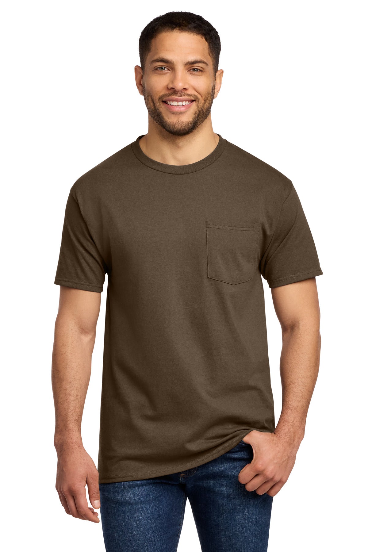 Front View of Brown Port & Co Essential Pocket Tee. PC61P