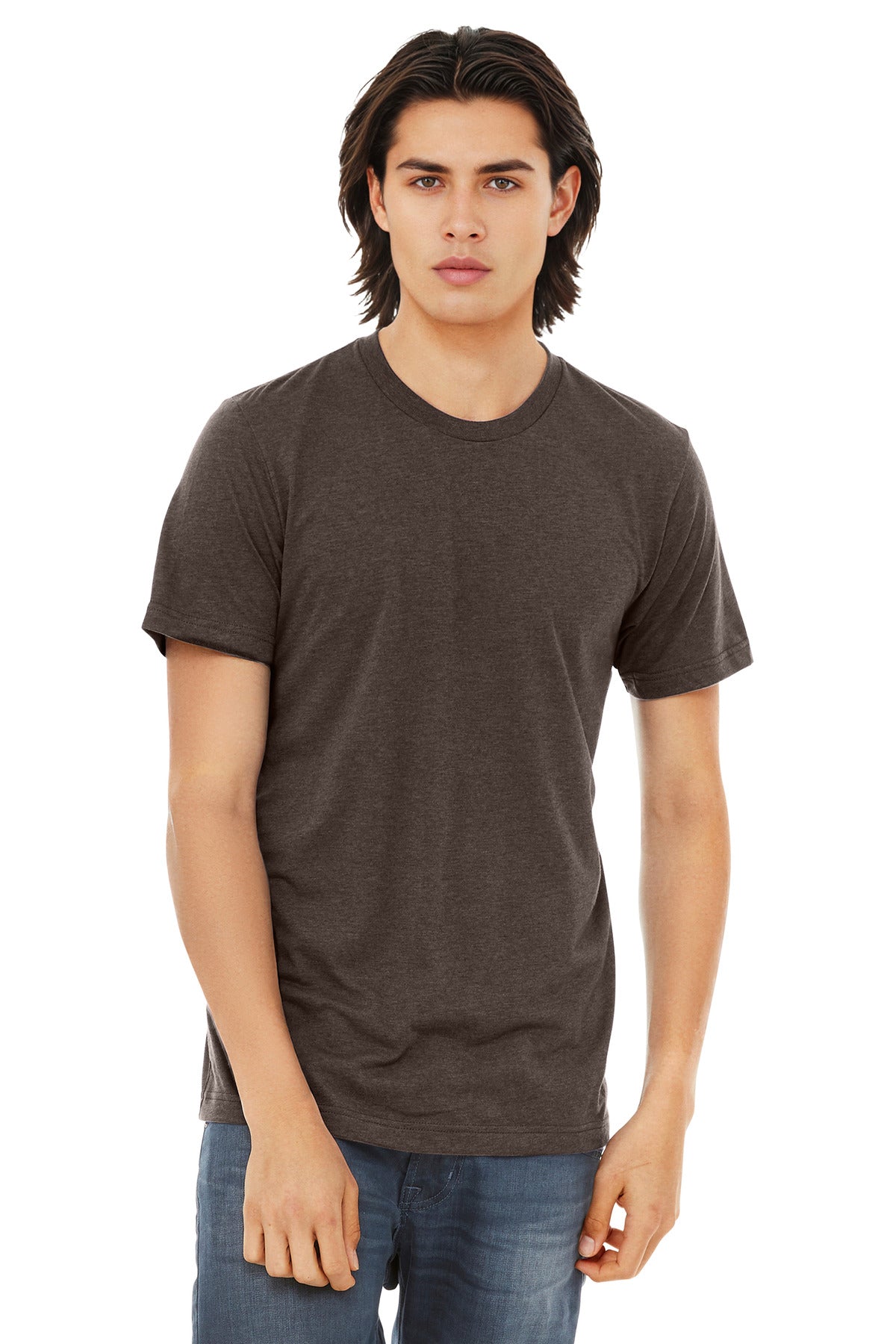 Front View of Brown TB BELLA+CANVAS Unisex Triblend Short Sleeve Tee. BC3413