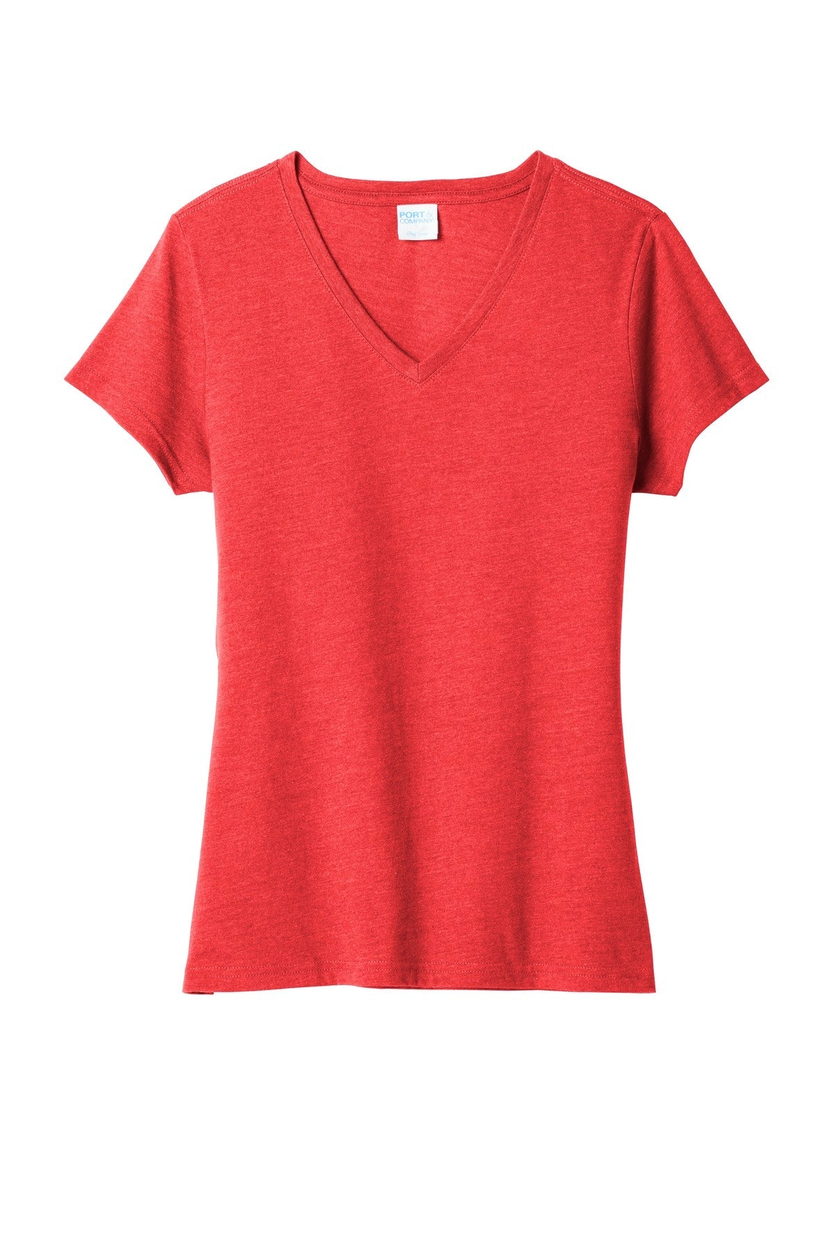 Front View of Brt Red Hthr Port & Co Women's Fan Favorite Blend V-Neck Tee. LPC455V