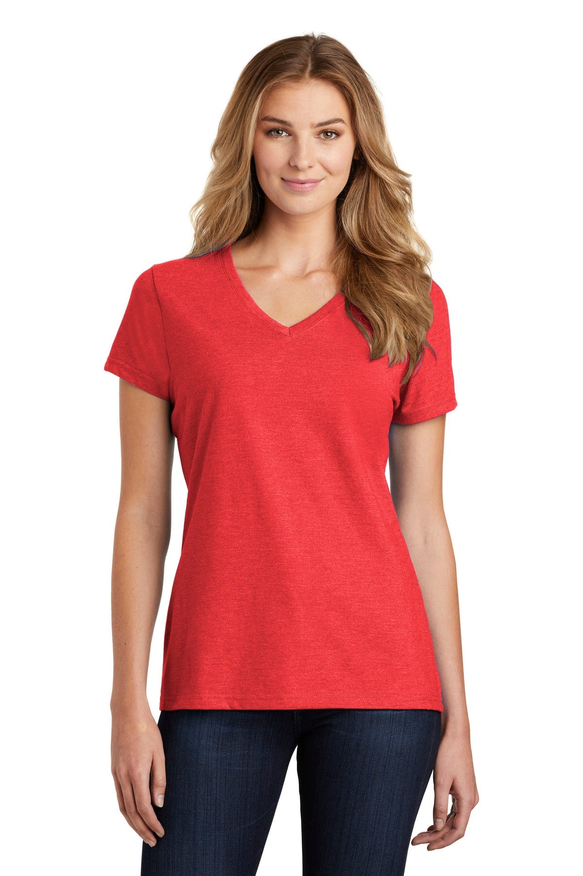 Front View of Brt Red Hthr Port & Co Women's Fan Favorite Blend V-Neck Tee. LPC455V
