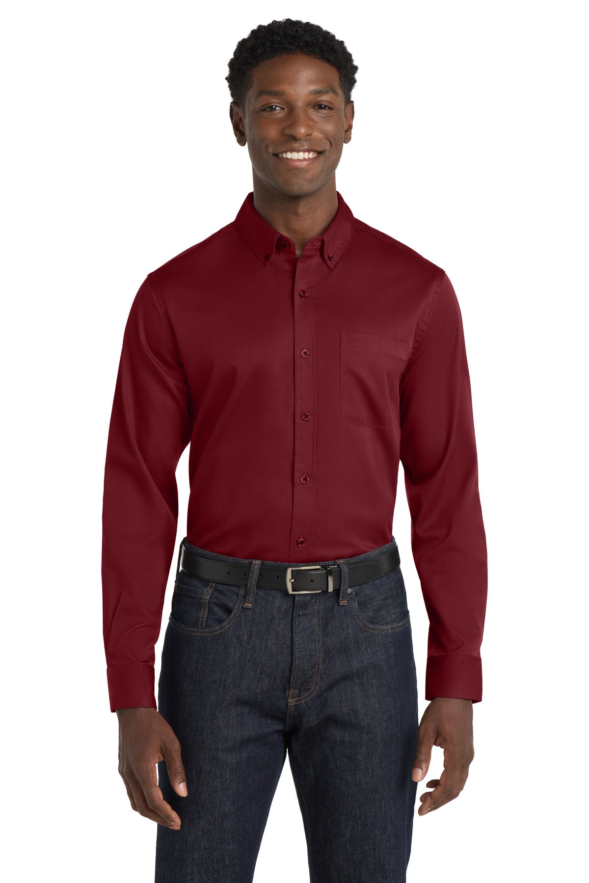 Front View of Burgundy Port Authority Long Sleeve SuperPro React Twill Shirt. W808