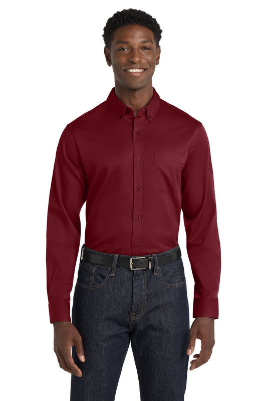 Front View of Burgundy Port Authority Long Sleeve SuperPro React Twill Shirt. W808