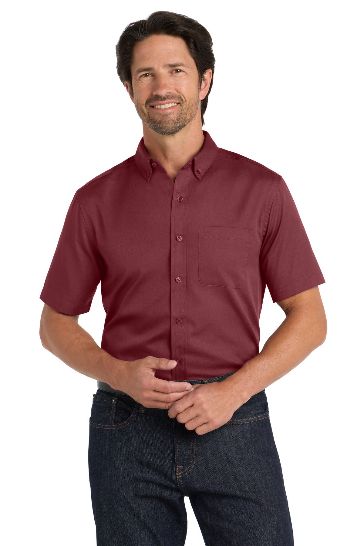 Front View of Burgundy Port Authority Short Sleeve SuperPro React Twill Shirt. W809