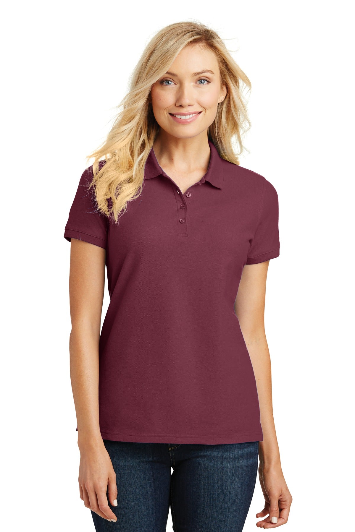 Front View of Burgundy Port Authority Women's Core Classic Pique Polo. L100