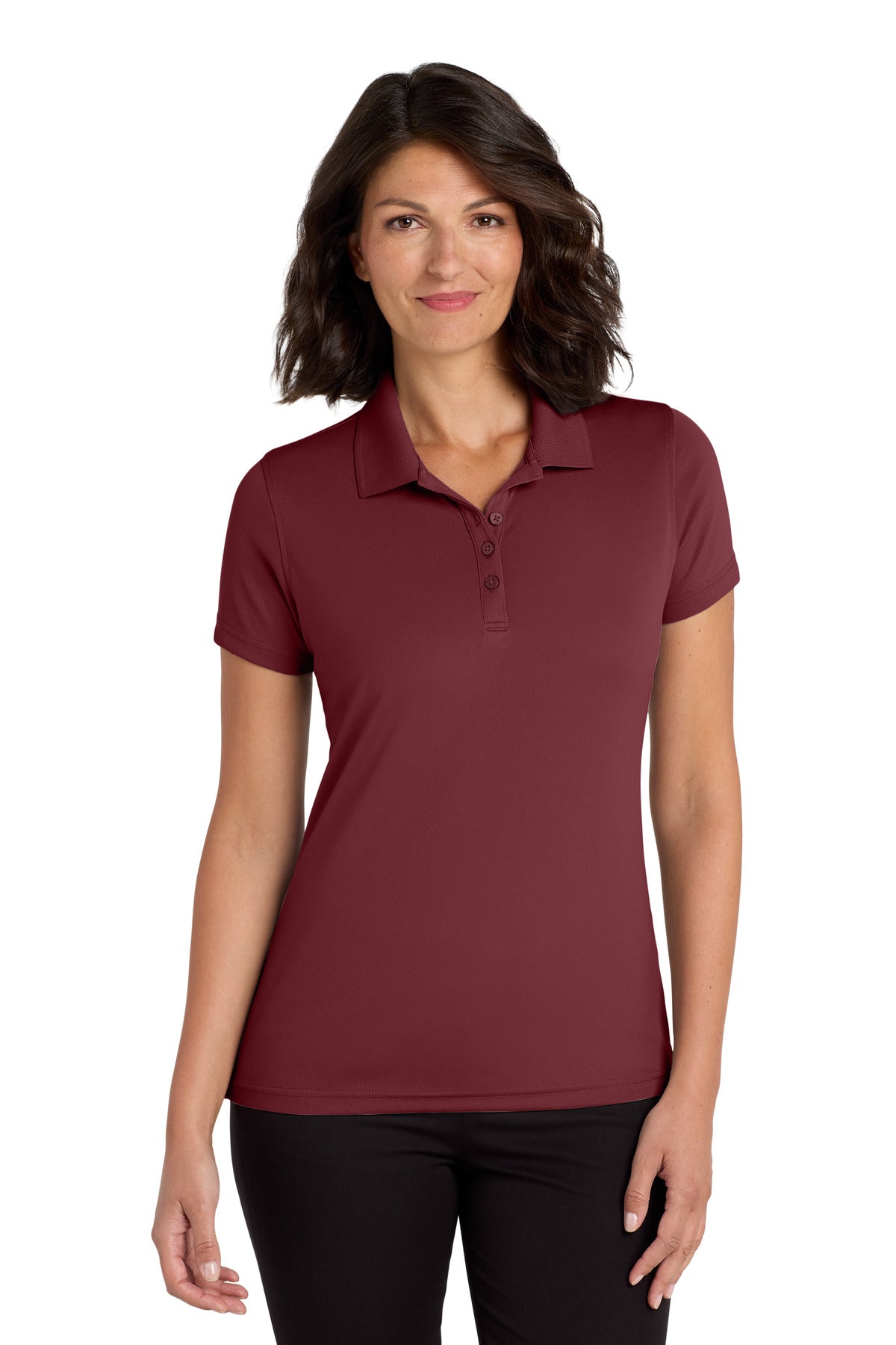 Front View of Burgundy Port Authority Women's Dry Zone UV Micro-Mesh Polo. LK110