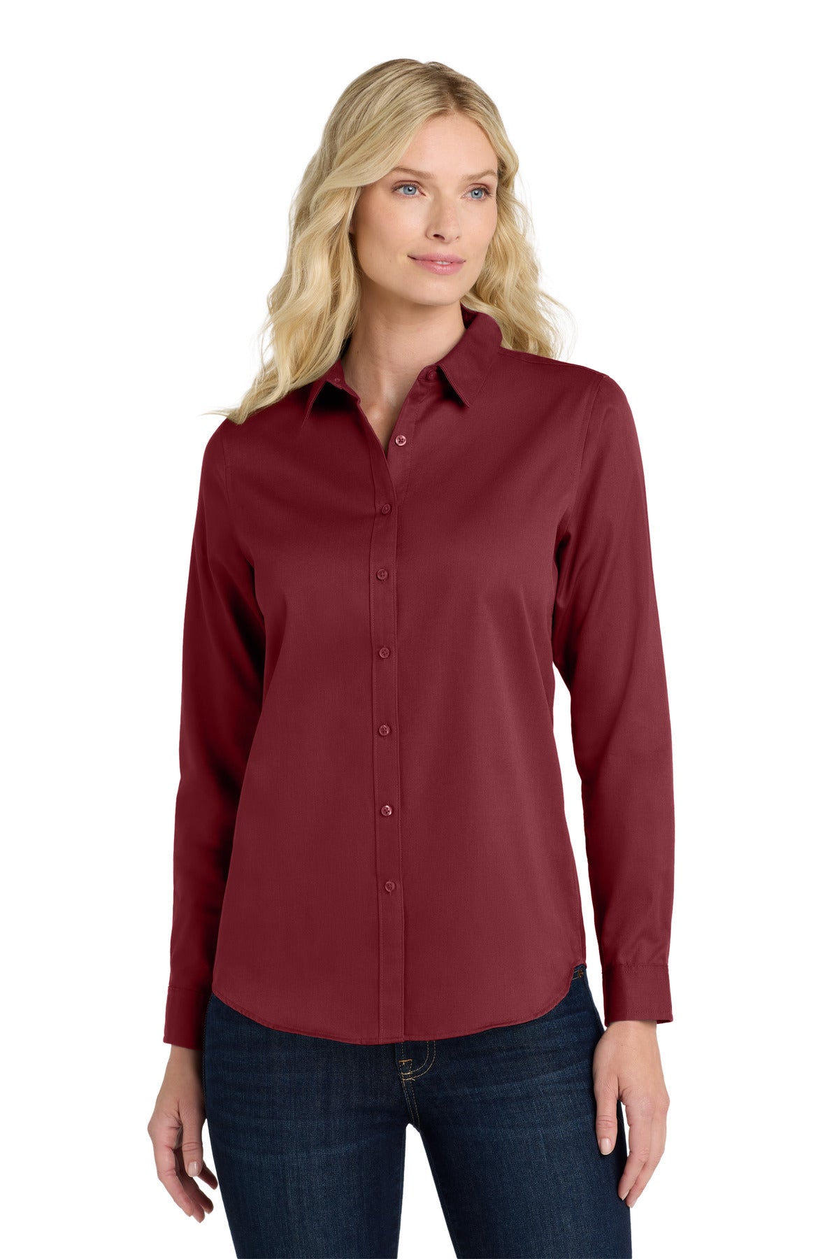 Front View of Burgundy Port Authority Women's Long Sleeve SuperPro React Twill Shirt. LW808