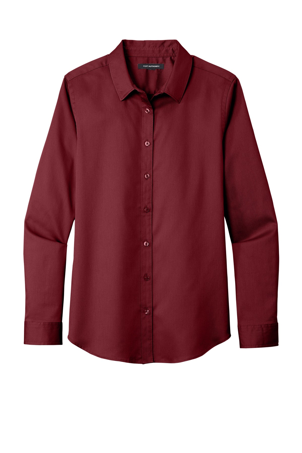 Front View of Burgundy Port Authority Women's Long Sleeve SuperPro React Twill Shirt. LW808