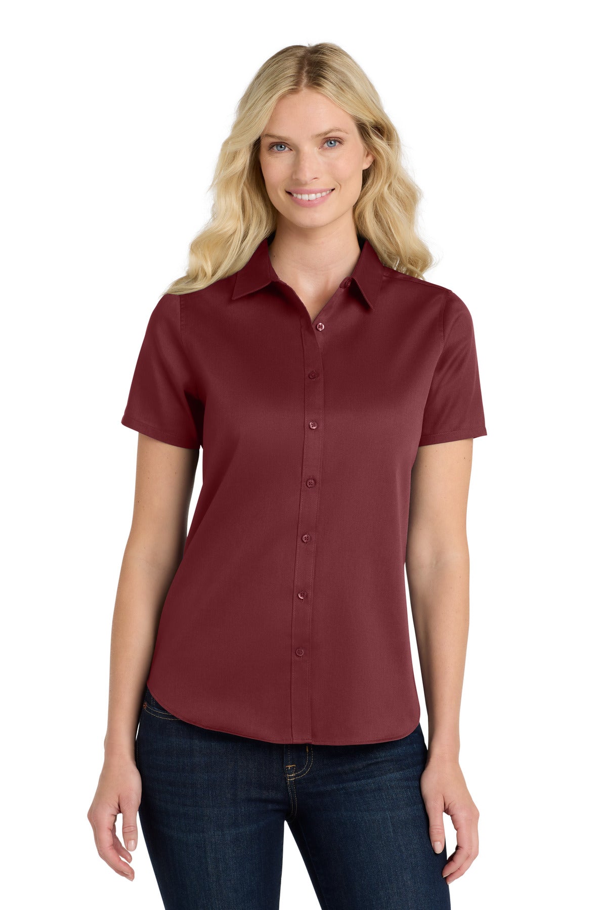 Front View of Burgundy Port Authority Women's Short Sleeve SuperPro React Twill Shirt. LW809