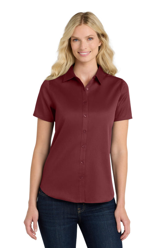 Front View of Burgundy Port Authority Women's Short Sleeve SuperPro React Twill Shirt. LW809