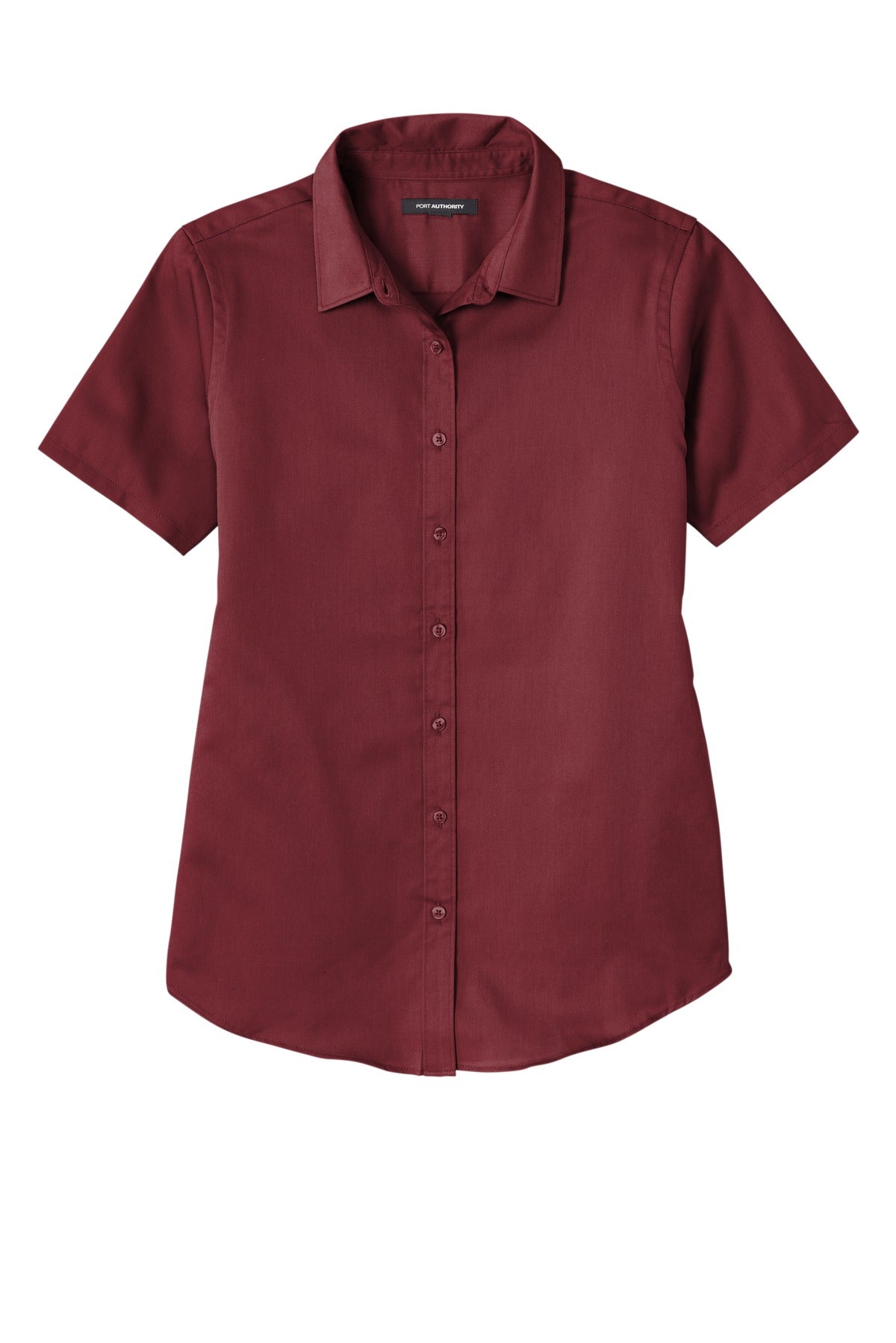 Front View of Burgundy Port Authority Women's Short Sleeve SuperPro React Twill Shirt. LW809