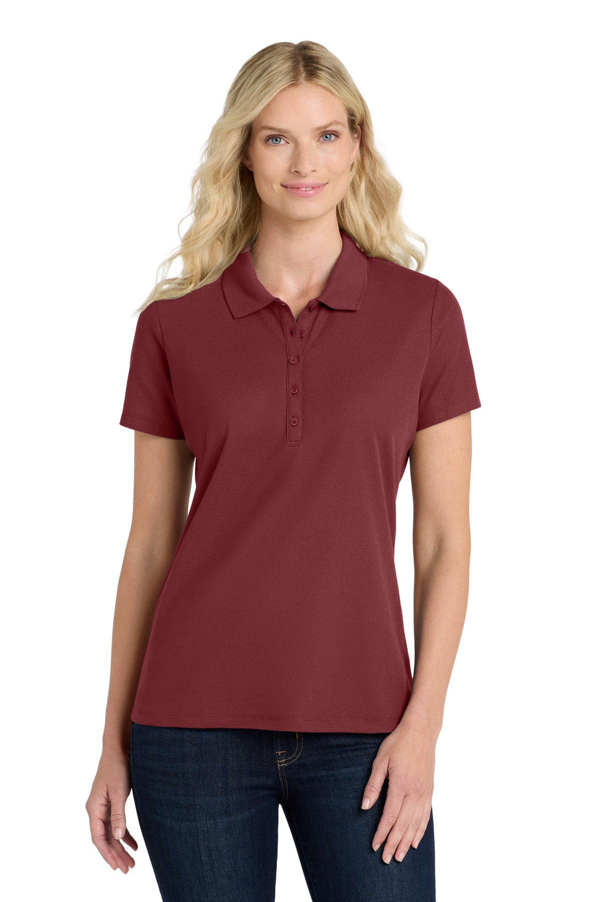 Front View of Burgundy Port Authority Women's SuperPro React Polo. LK810