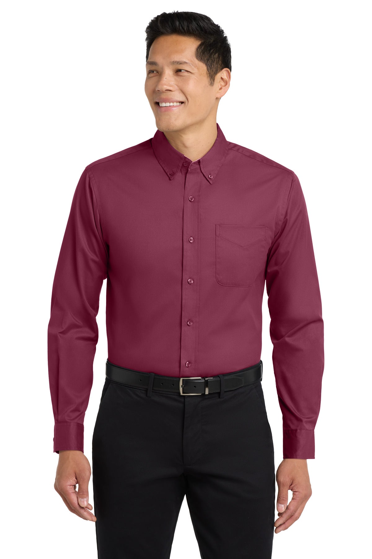 Front View of Burgundy/Lt St Port Authority Long Sleeve Easy Care Shirt S608