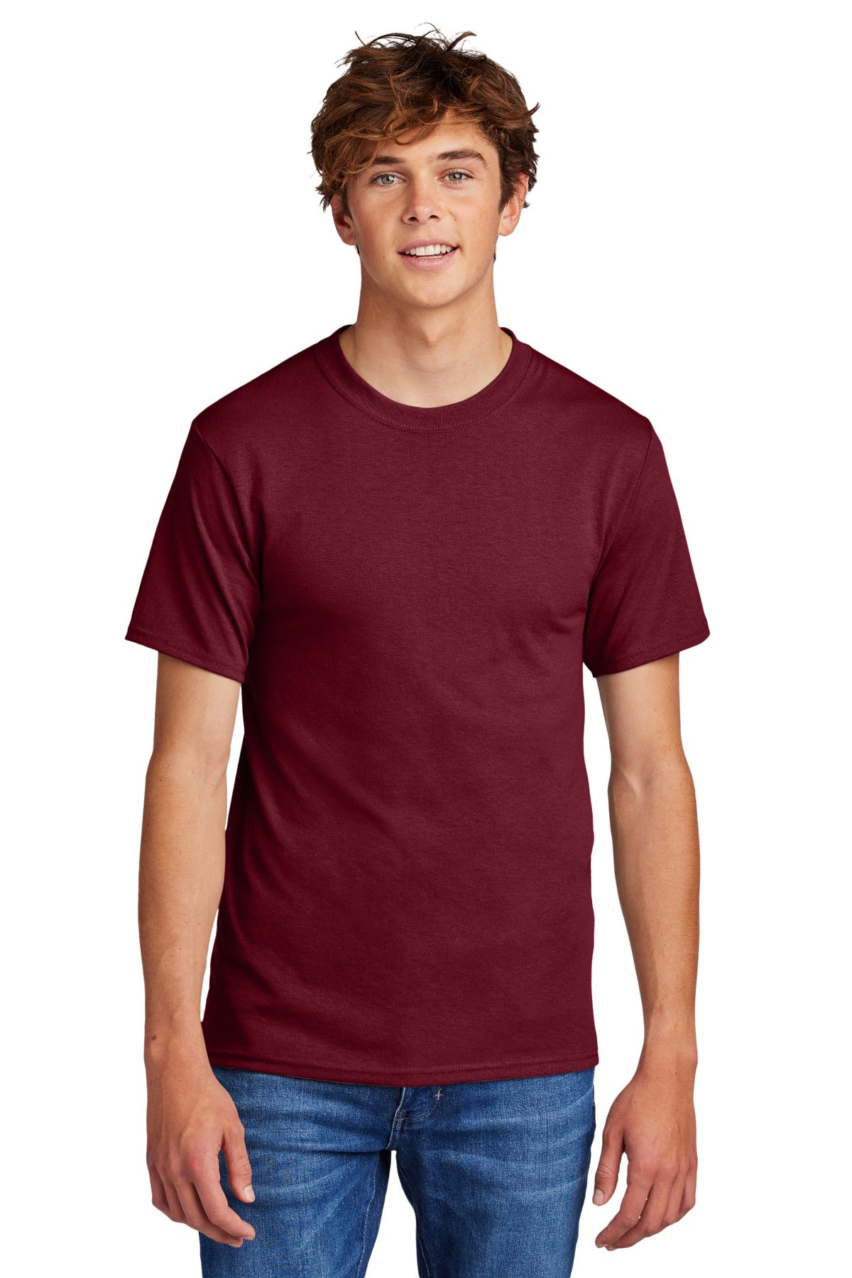 Front View of Candy Pink Port & Co Core Blend Tee. PC55