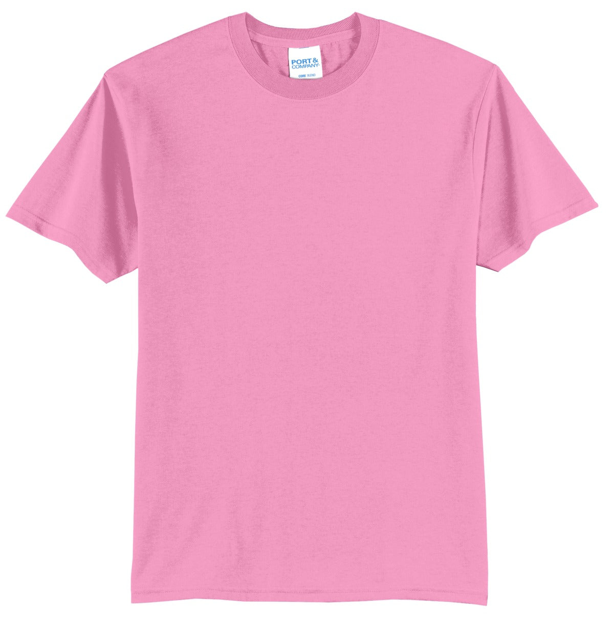 Front View of Candy Pink Port & Co Core Blend Tee. PC55