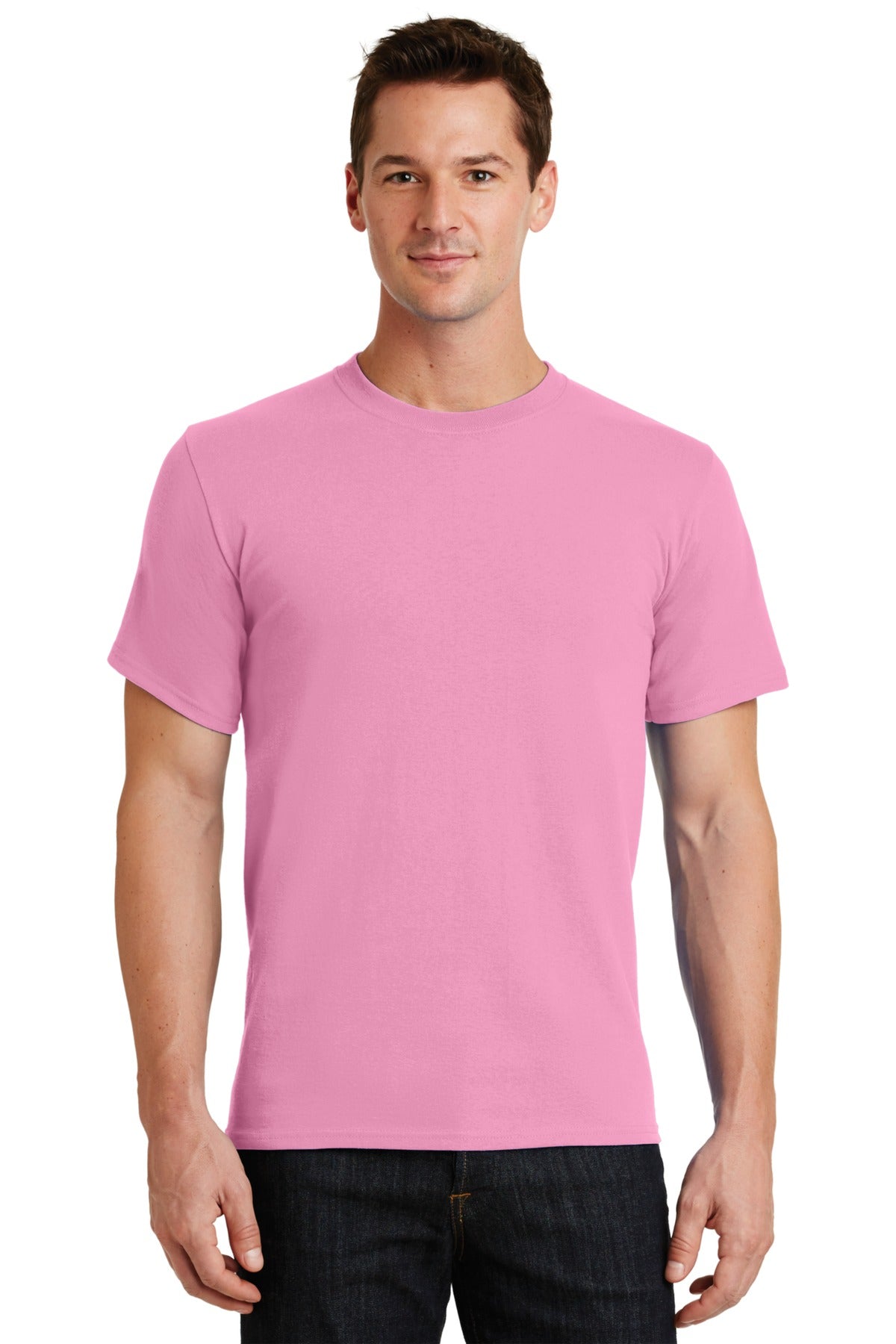 Front View of Candy Pink Port & Co Essential Tee. PC61