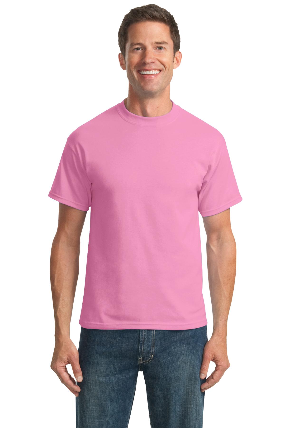 Front View of Candy Pink Port & Co Tall Core Blend Tee. PC55T