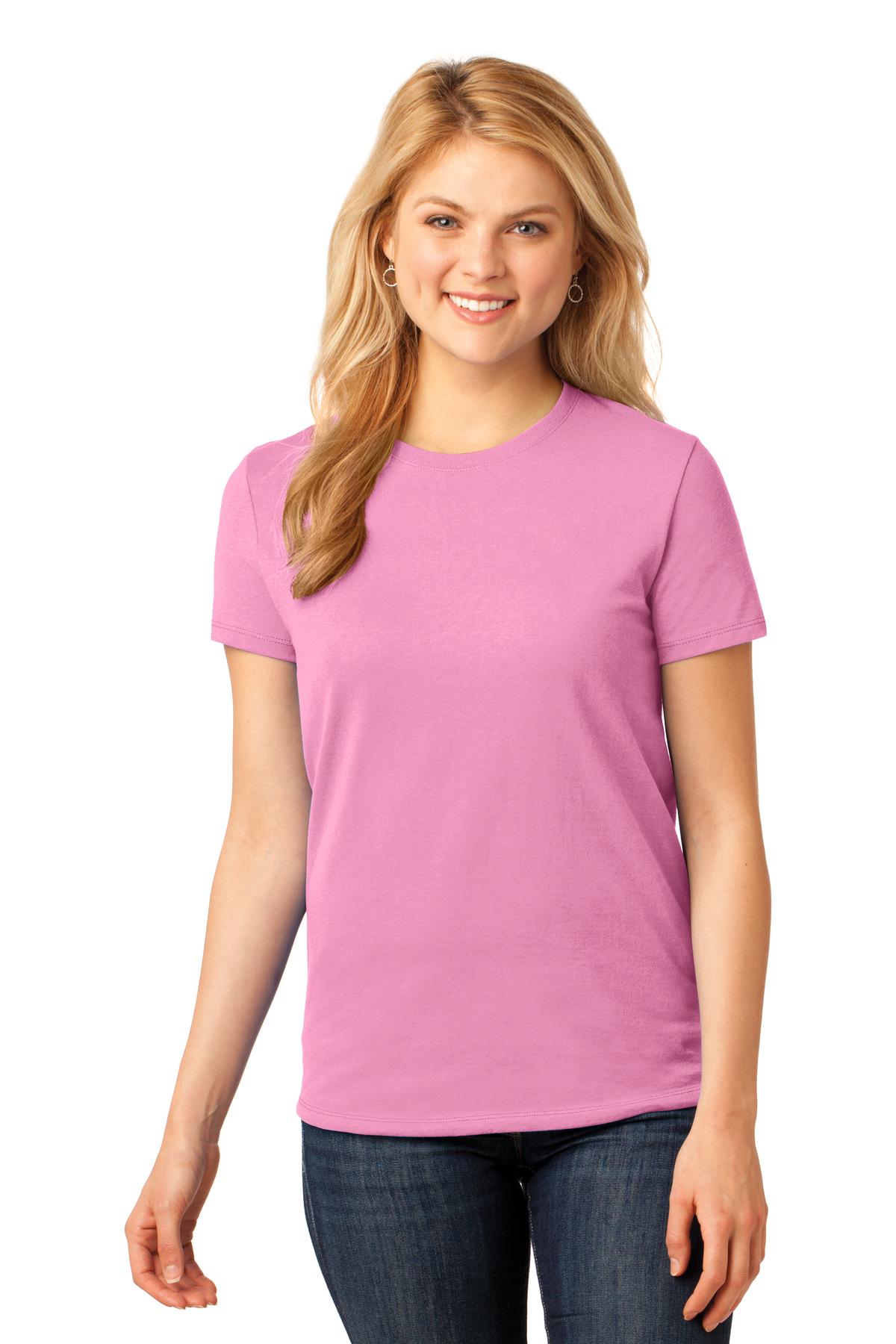 Front View of Candy Pink Port & Co Women's Core Cotton Tee. LPC54
