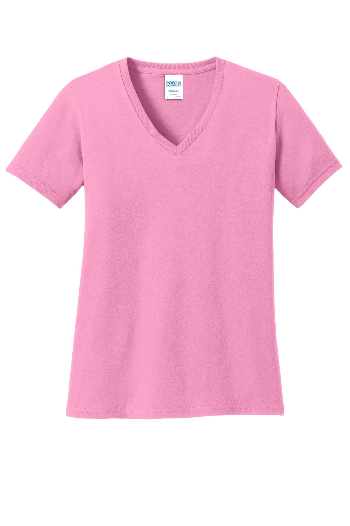 Front View of Candy Pink Port & Co Women's Core Cotton V-Neck Tee. LPC54V