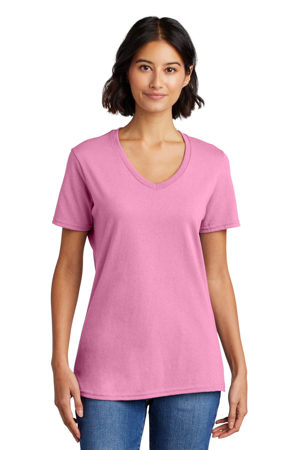 Front View of Candy Pink Port & Co Women's Core Cotton V-Neck Tee. LPC54V
