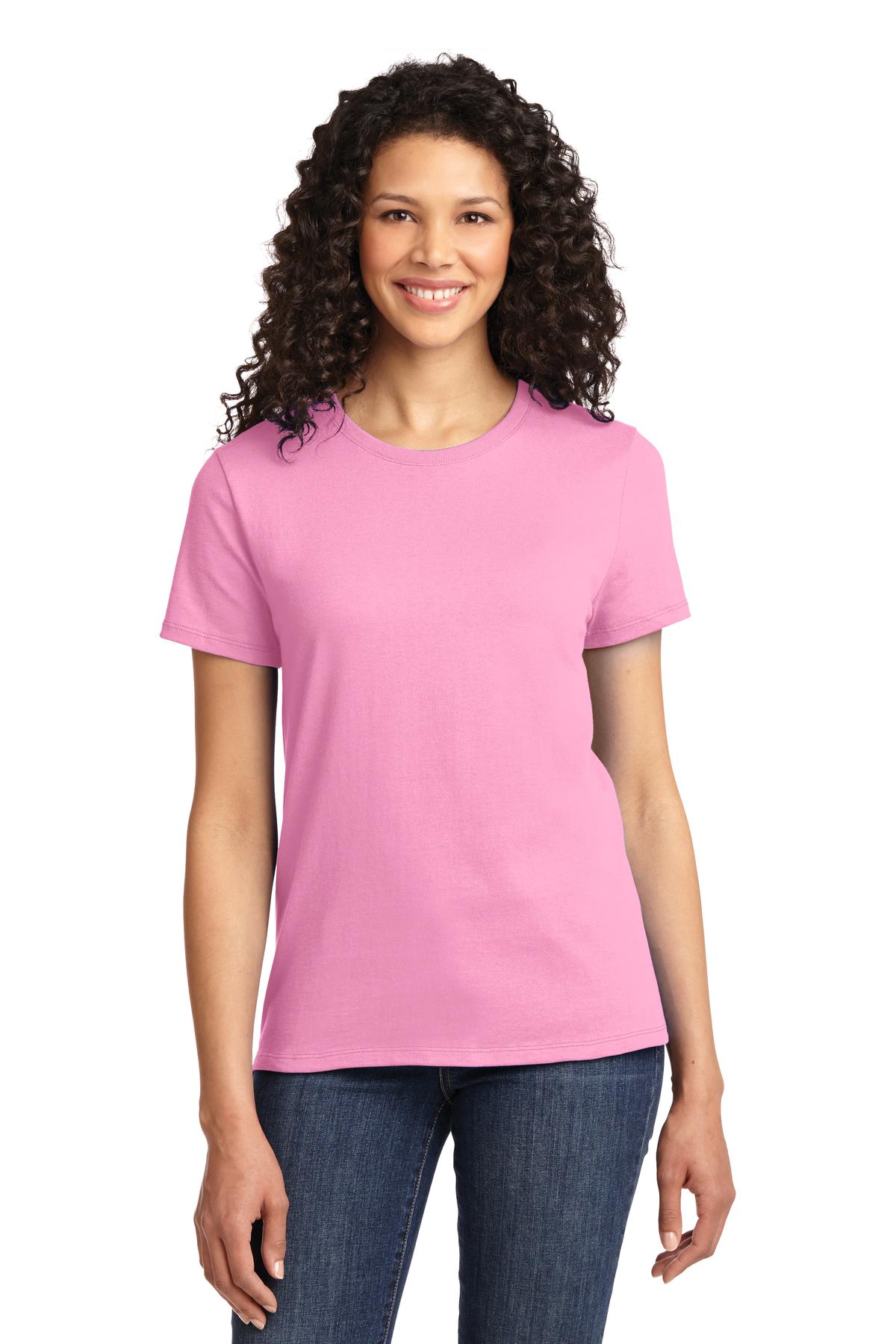 Front View of Candy Pink Port & Co Women's Essential Tee. LPC61