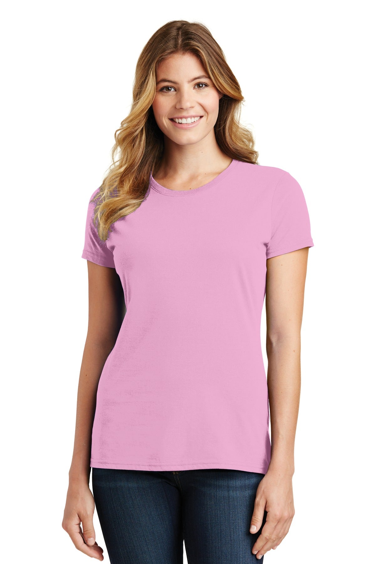 Front View of Candy Pink Port & Co Women's Fan Favorite Tee. LPC450