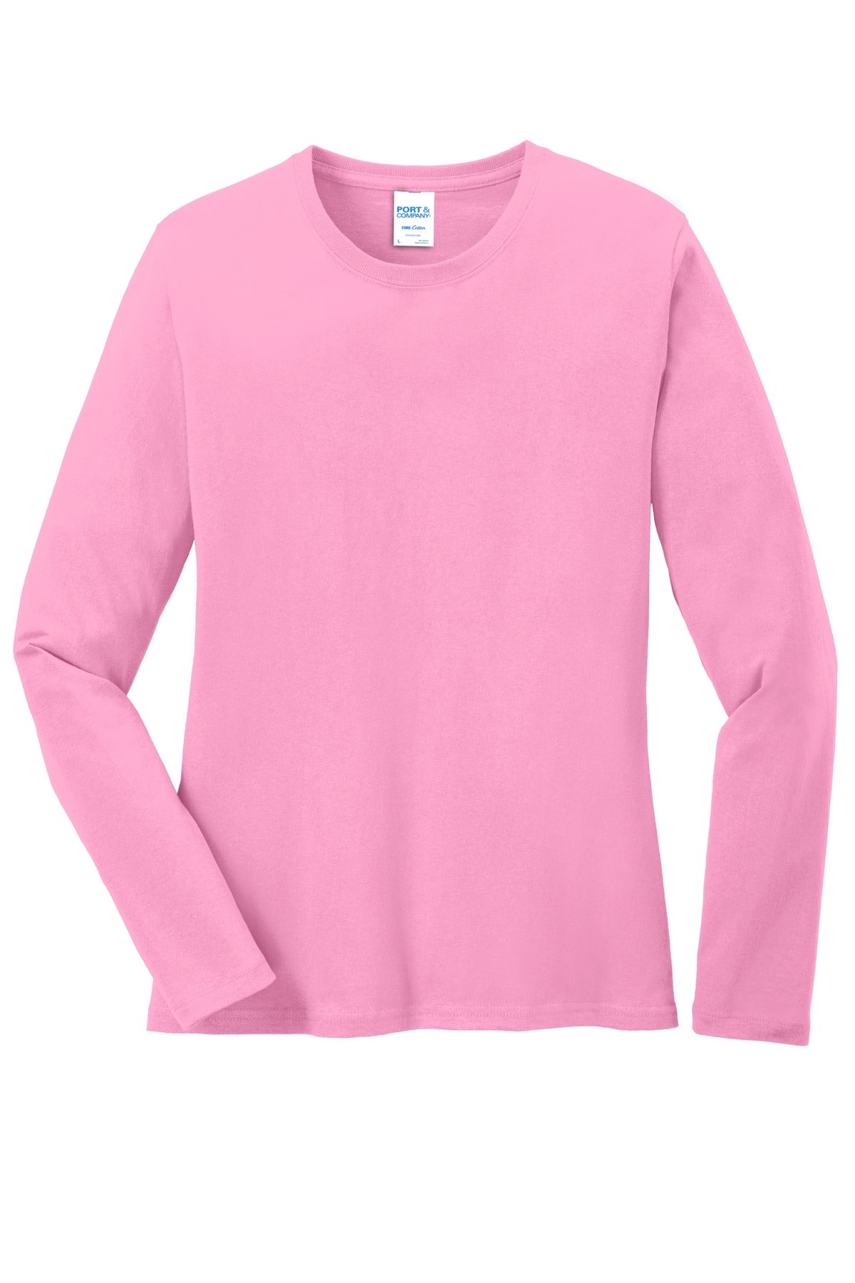 Front View of Candy Pink Port & Co Women's Long Sleeve Core Cotton Tee. LPC54LS