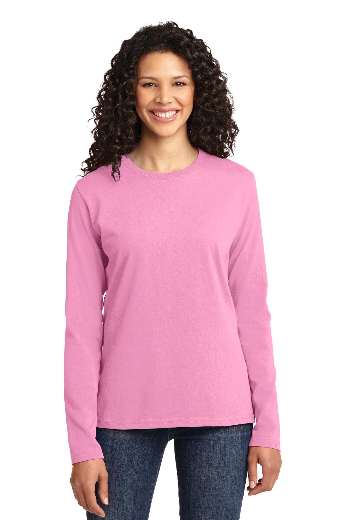 Front View of Candy Pink Port & Co Women's Long Sleeve Core Cotton Tee. LPC54LS