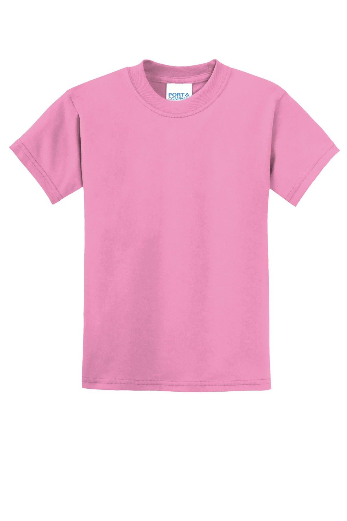 Front View of Candy Pink Port & Co Youth Core Blend Tee. PC55Y
