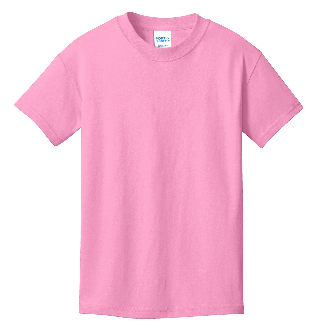 Front View of Candy Pink Port & Co Youth Core Cotton Tee. PC54Y